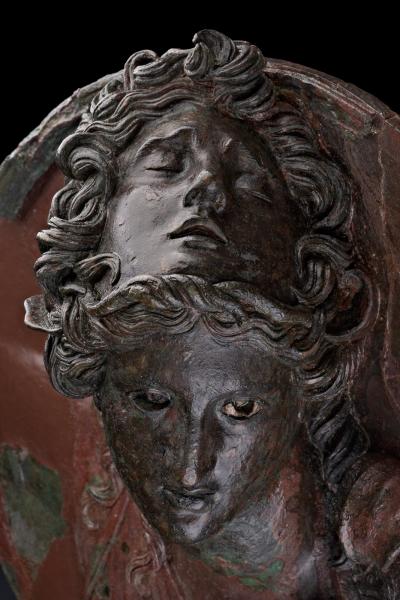 Detail of a bronze medal decorated with Athena with a Medusa helmet, decorating a royal chariot. Collection of the Archaeological Museum of Thessaloniki. ©AMTH